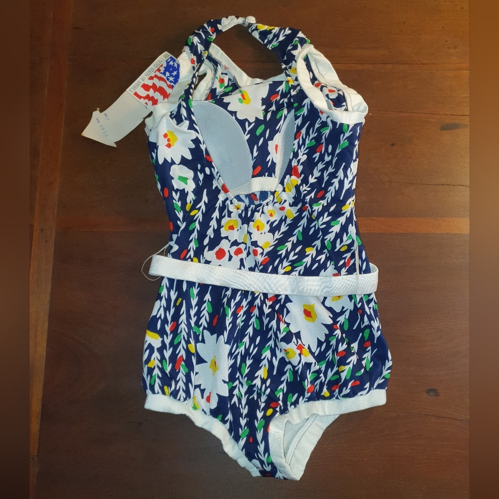 Vintage 70s Navy Floral One-Piece Swimsuit with White Trim - Picture 3 of 7